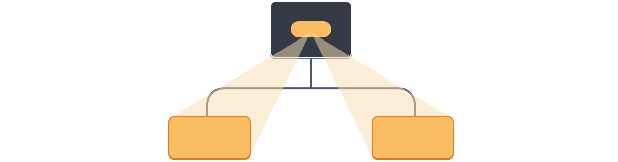 Diagram with a tree of three components. The parent contains a bubble representing a value highlighted in orange which projects down to the two children, each highlighted in orange.